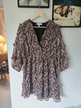 Jessica Simpson Black Floral Dress | Ruffle Sleeve Boho Tiered Mini L NWT